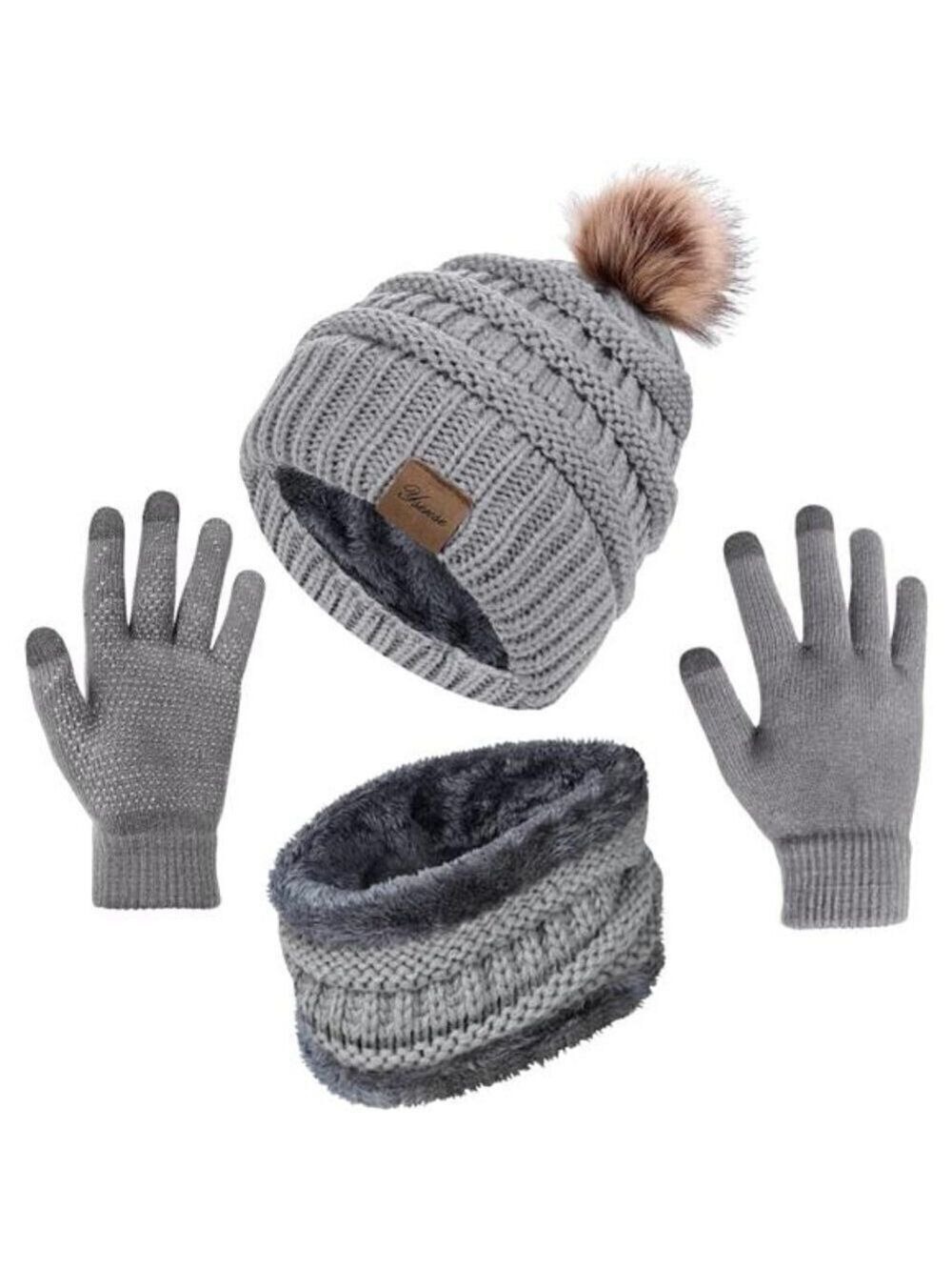 Winter Hat Scarf Touch Screen Gloves Set 3 Pcs Warm Knit Fleece Lined Beanie NEW